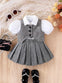 3pcs Set for Baby Girls, Preppy Style Summer Outfit, 100% Polyester, Short Sleeve White Shirt with Puff Sleeves, Grey Vest, and Grey Pleated Skirt, for Outdoor FD6150E